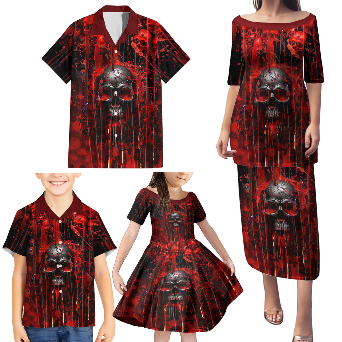 If You Kick Me When I'm Down You Better Pray I Don't Get Up Skull Family Matching Puletasi Dress and Hawaiian Shirt - Wonder Print Shop