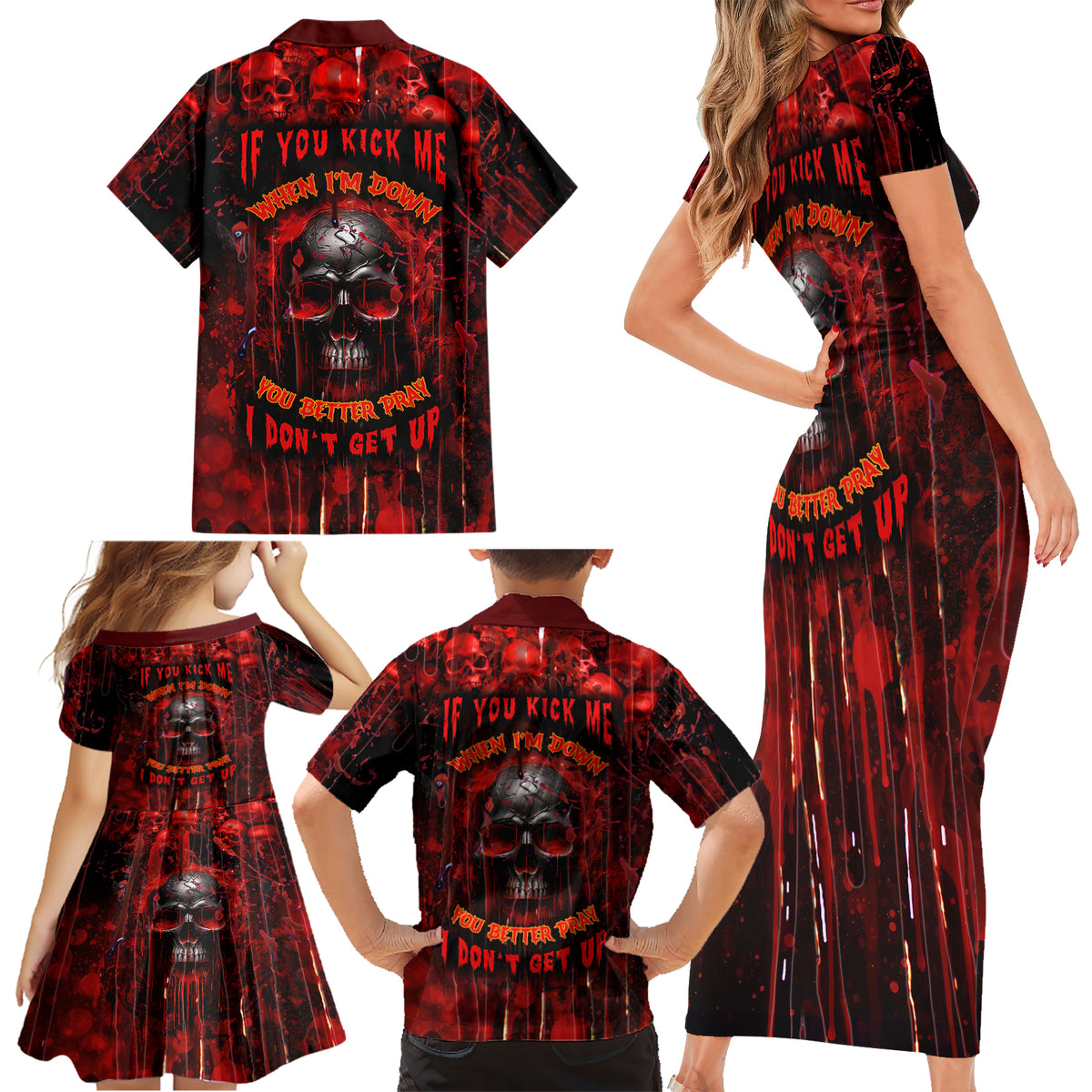 If You Kick Me When I'm Down You Better Pray I Don't Get Up Skull Family Matching Short Sleeve Bodycon Dress and Hawaiian Shirt - Wonder Print Shop