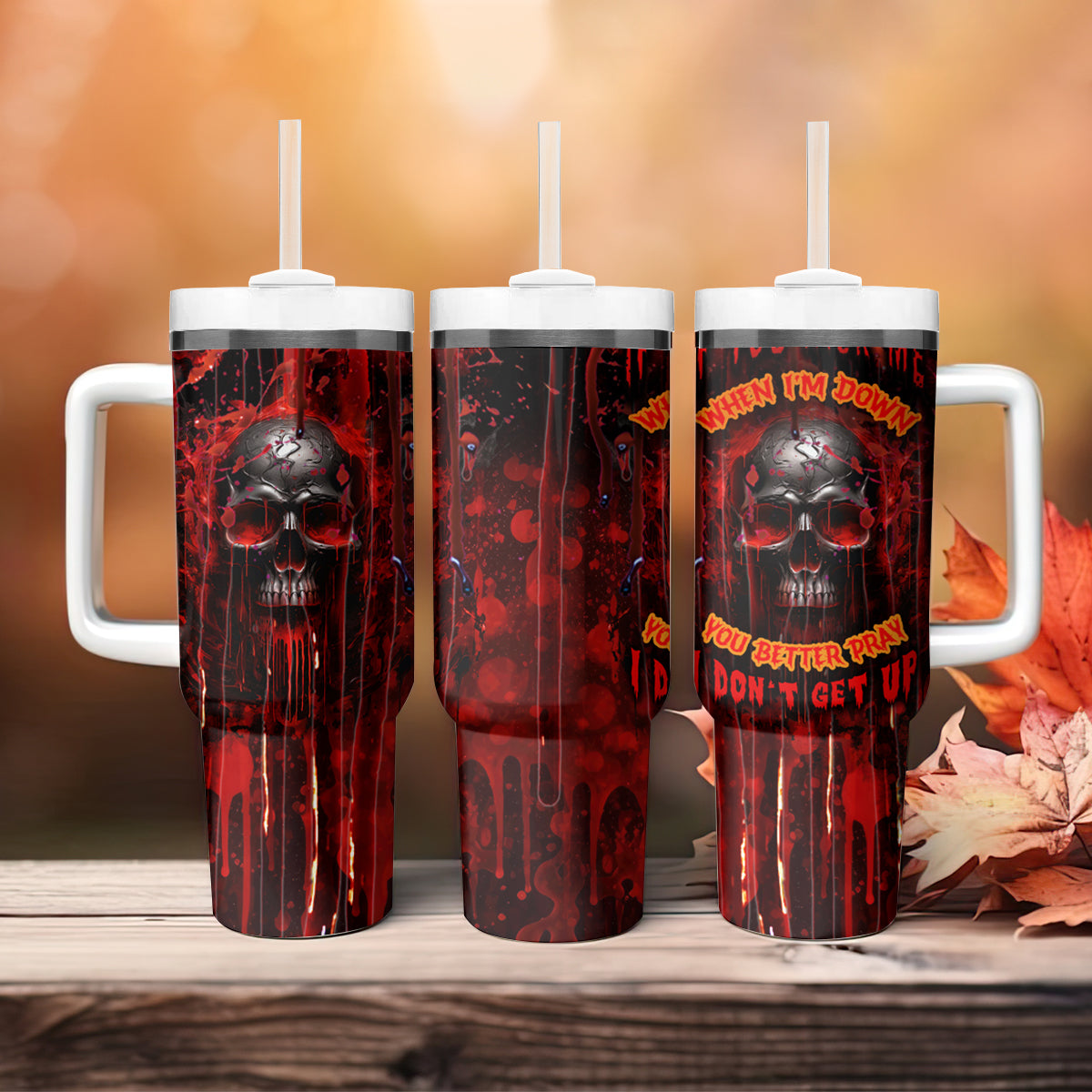 If You Kick Me When I'm Down You Better Pray I Don't Get Up Skull Tumbler With Handle - Wonder Print Shop