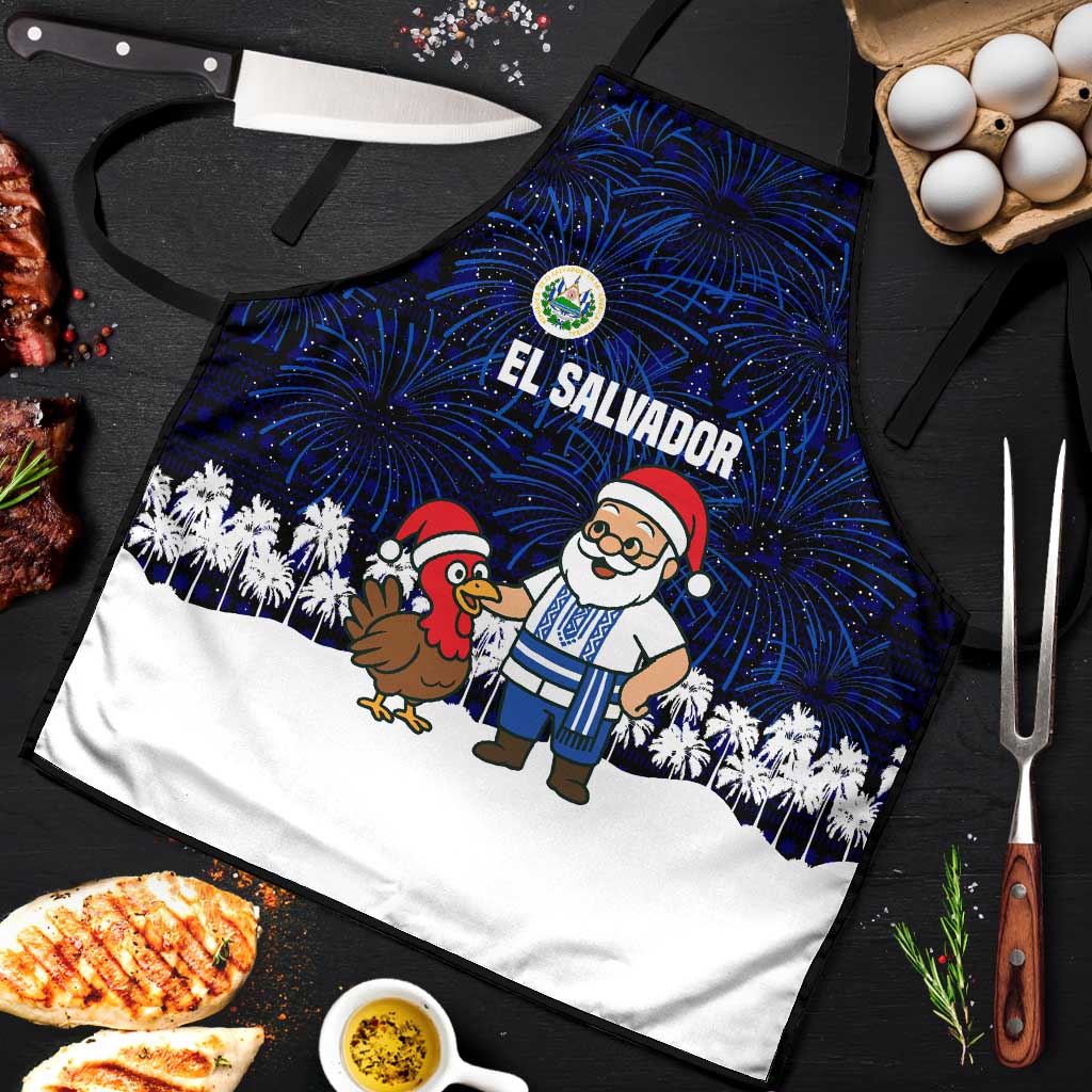 El Salvador Christmas Apron with Santa Claus Turkey Fireworks Palm Trees and National Emblem Design - Wonder Print Shop