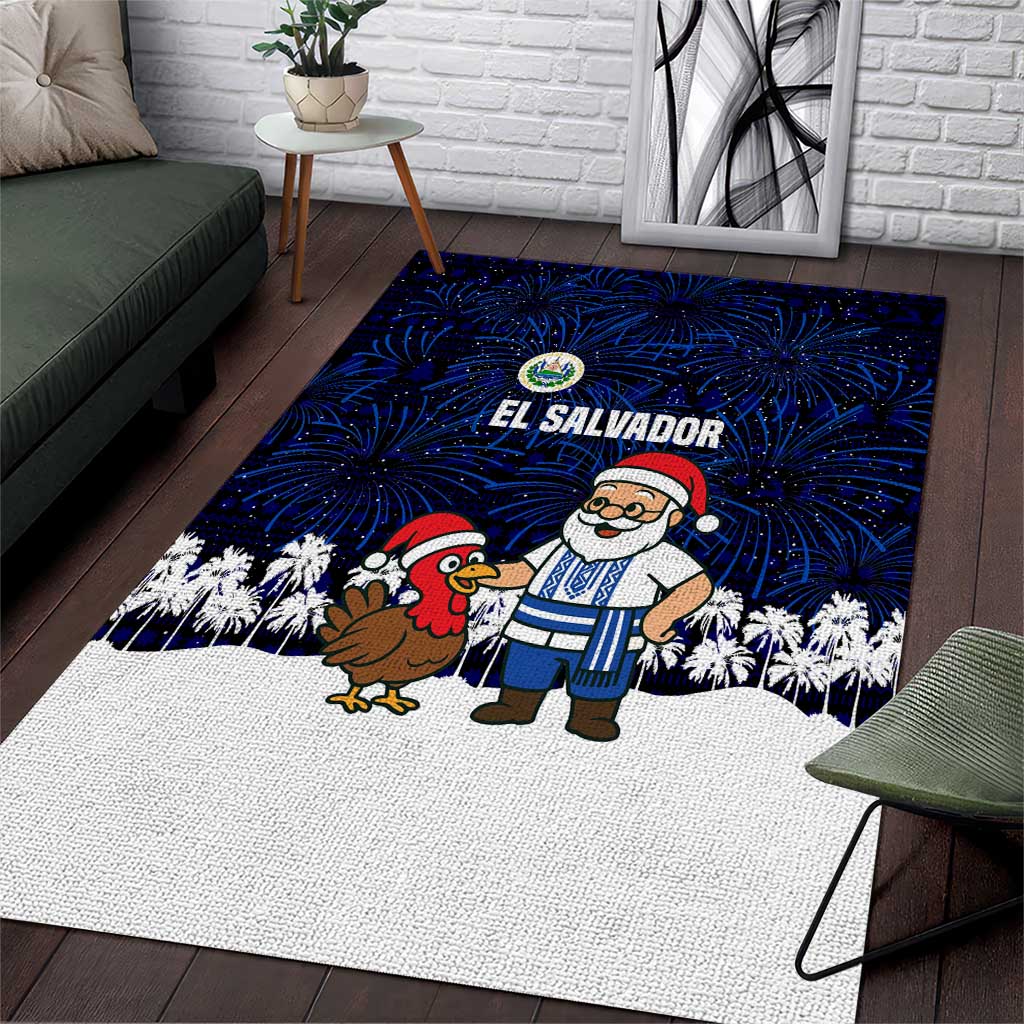 El Salvador Christmas Area Rug with Santa Claus Turkey Fireworks Palm Trees and National Emblem Design - Wonder Print Shop