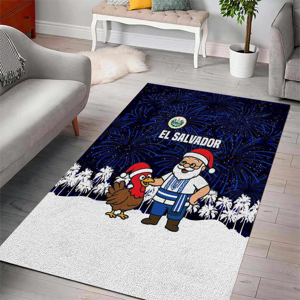 El Salvador Christmas Area Rug with Santa Claus Turkey Fireworks Palm Trees and National Emblem Design - Wonder Print Shop