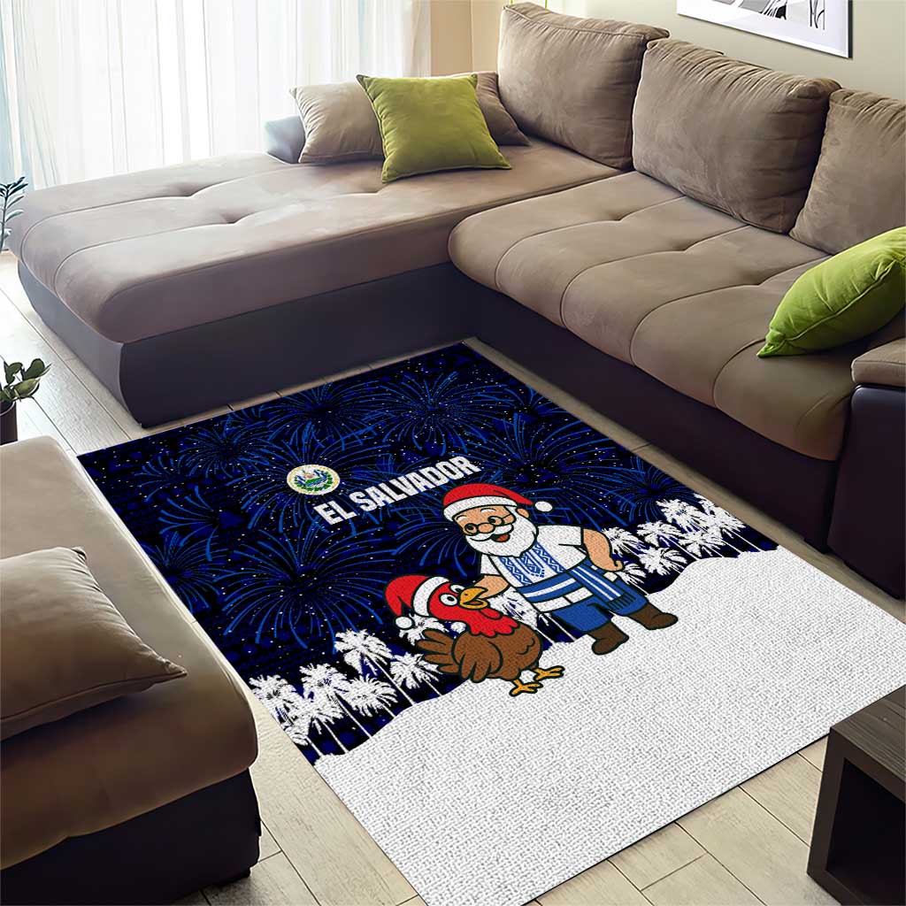 El Salvador Christmas Area Rug with Santa Claus Turkey Fireworks Palm Trees and National Emblem Design - Wonder Print Shop