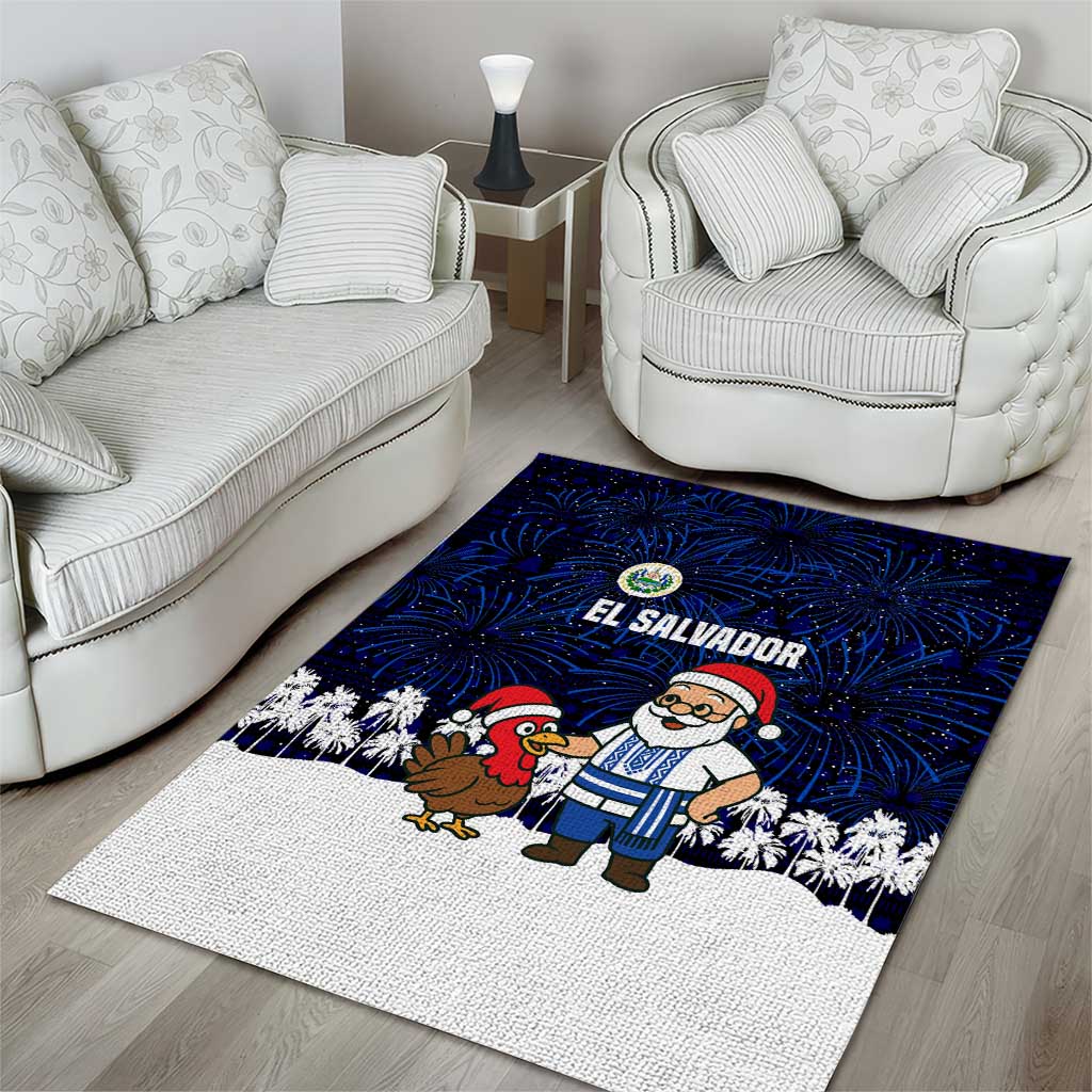 El Salvador Christmas Area Rug with Santa Claus Turkey Fireworks Palm Trees and National Emblem Design - Wonder Print Shop