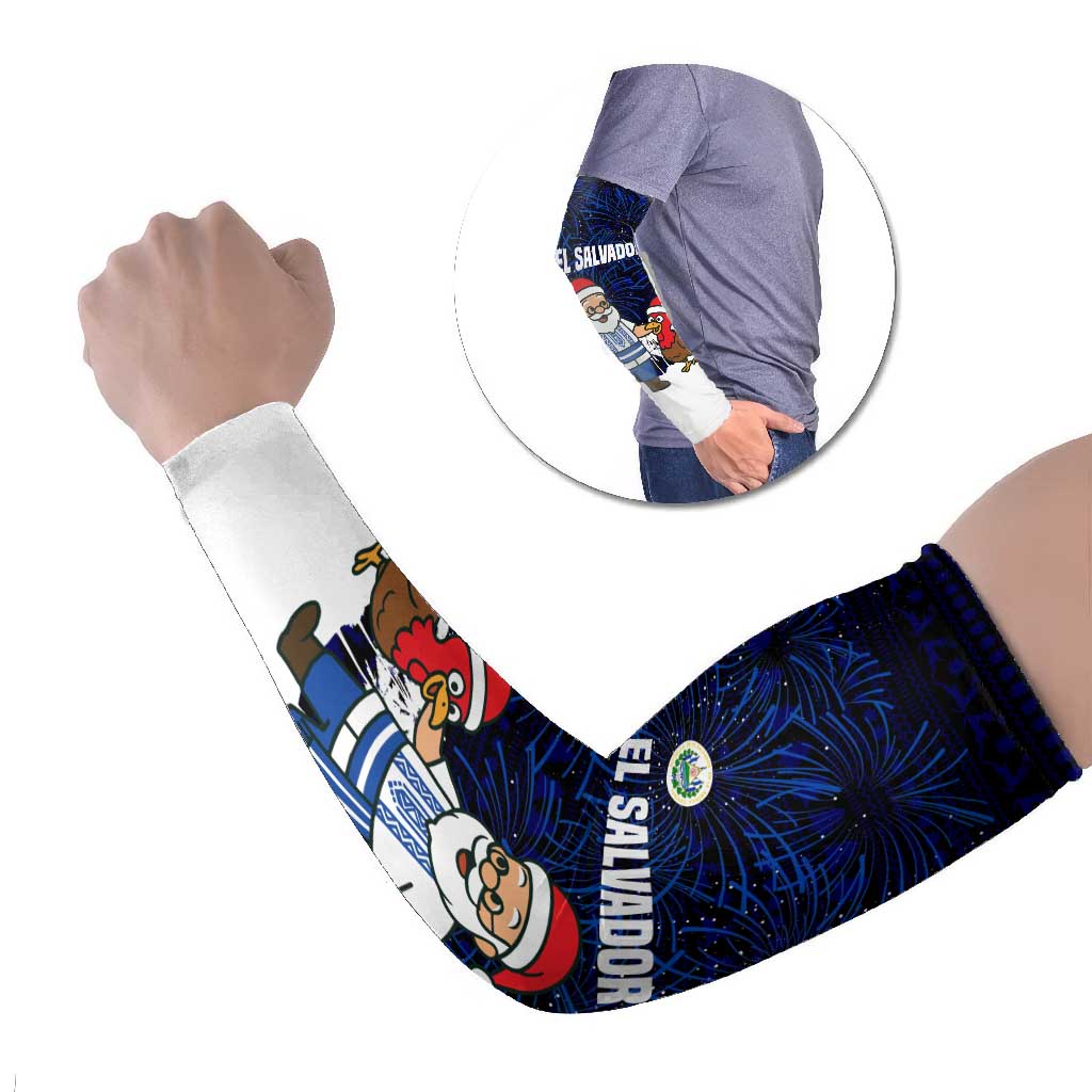 El Salvador Christmas Arm Sleeves with Santa Claus Turkey Fireworks Palm Trees and National Emblem Design - Wonder Print Shop