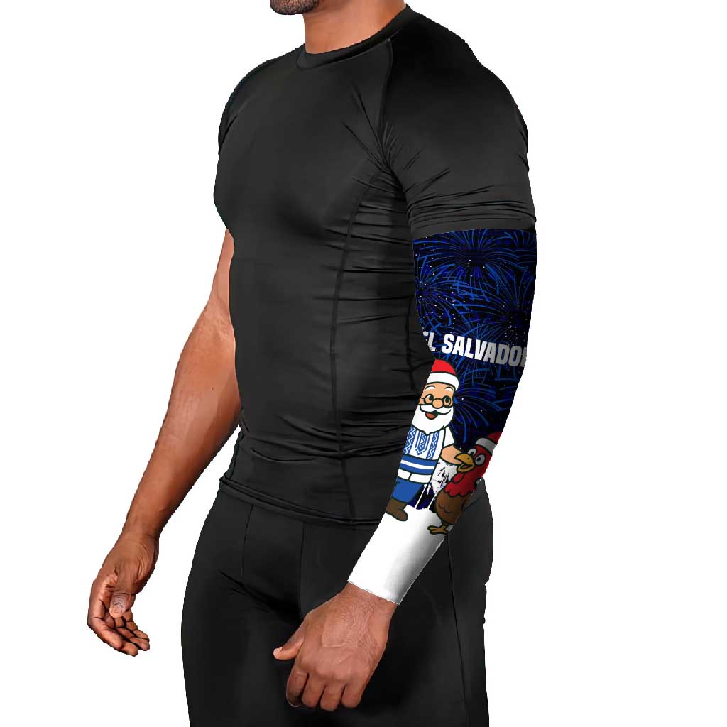 El Salvador Christmas Arm Sleeves with Santa Claus Turkey Fireworks Palm Trees and National Emblem Design - Wonder Print Shop