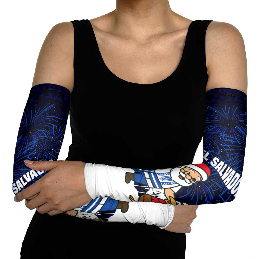 El Salvador Christmas Arm Sleeves with Santa Claus Turkey Fireworks Palm Trees and National Emblem Design - Wonder Print Shop