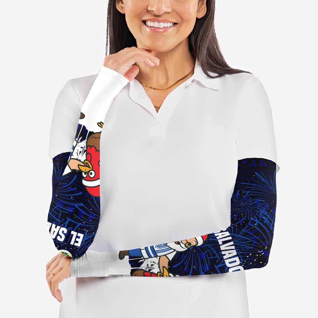 El Salvador Christmas Arm Sleeves with Santa Claus Turkey Fireworks Palm Trees and National Emblem Design - Wonder Print Shop