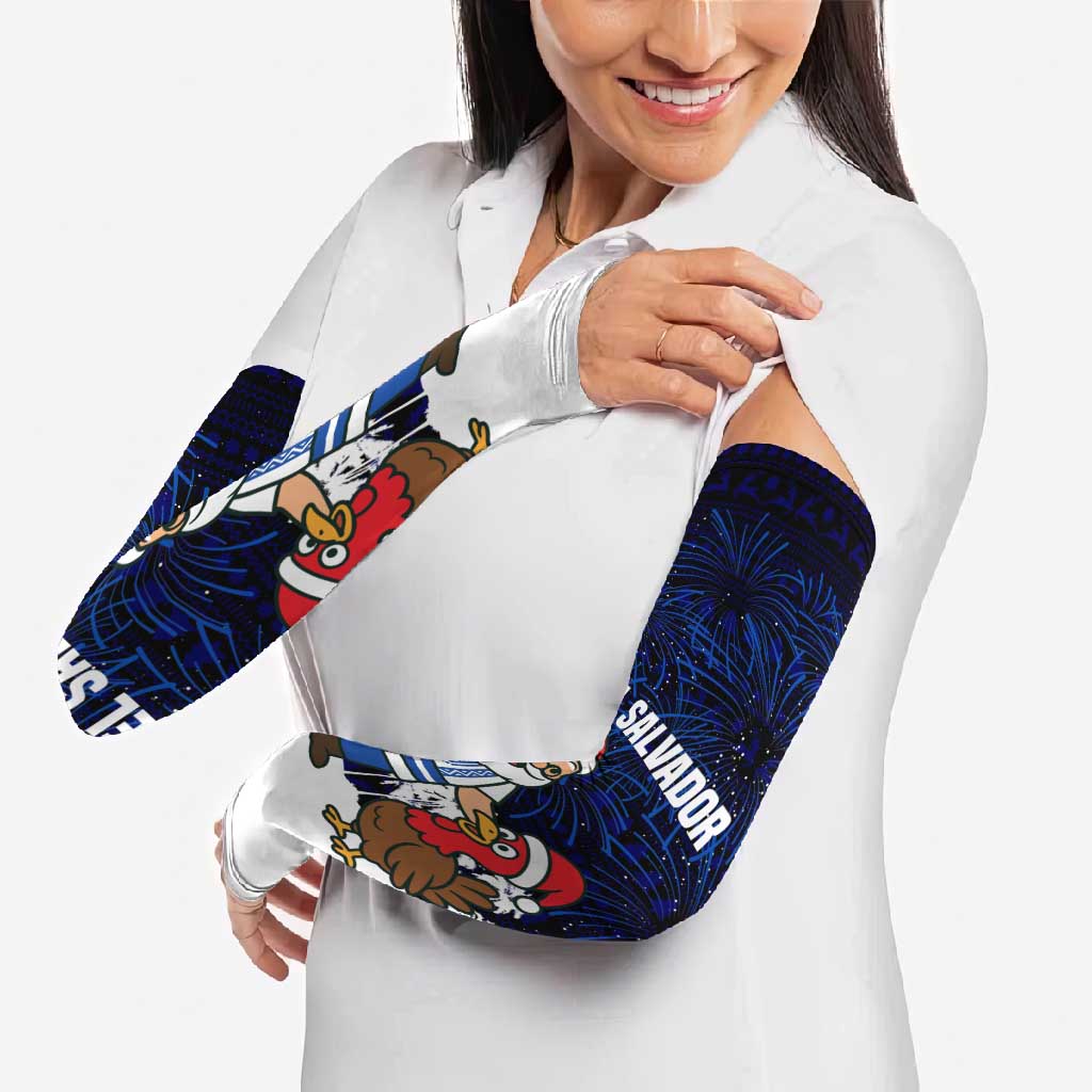 El Salvador Christmas Arm Sleeves with Santa Claus Turkey Fireworks Palm Trees and National Emblem Design - Wonder Print Shop