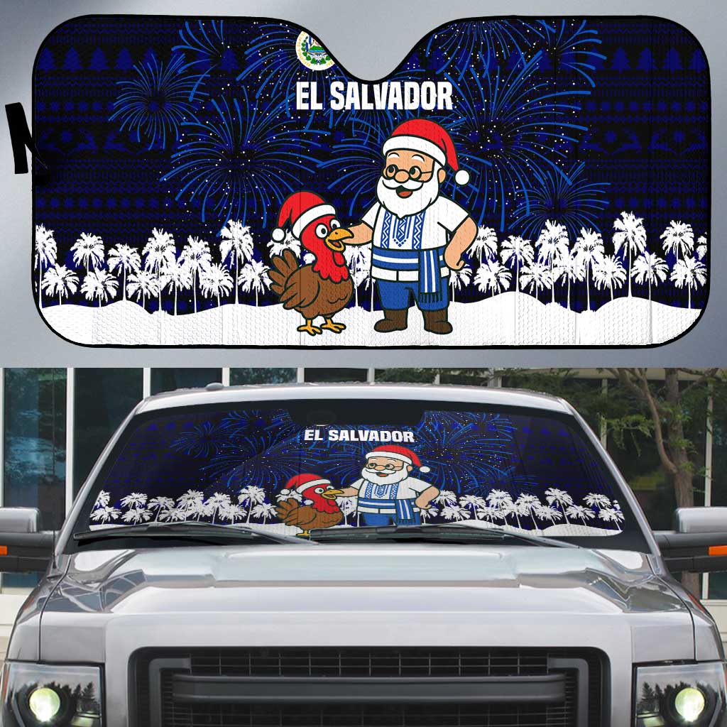 El Salvador Christmas Auto Sun Shade with Santa Claus Turkey Fireworks Palm Trees and National Emblem Design - Wonder Print Shop