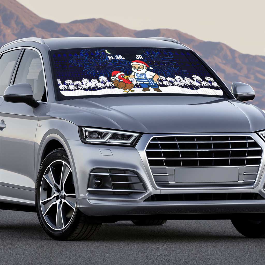 El Salvador Christmas Auto Sun Shade with Santa Claus Turkey Fireworks Palm Trees and National Emblem Design - Wonder Print Shop