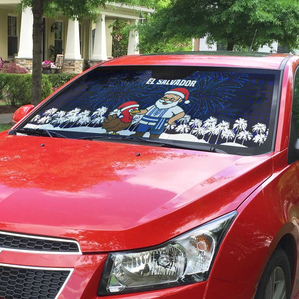 El Salvador Christmas Auto Sun Shade with Santa Claus Turkey Fireworks Palm Trees and National Emblem Design - Wonder Print Shop