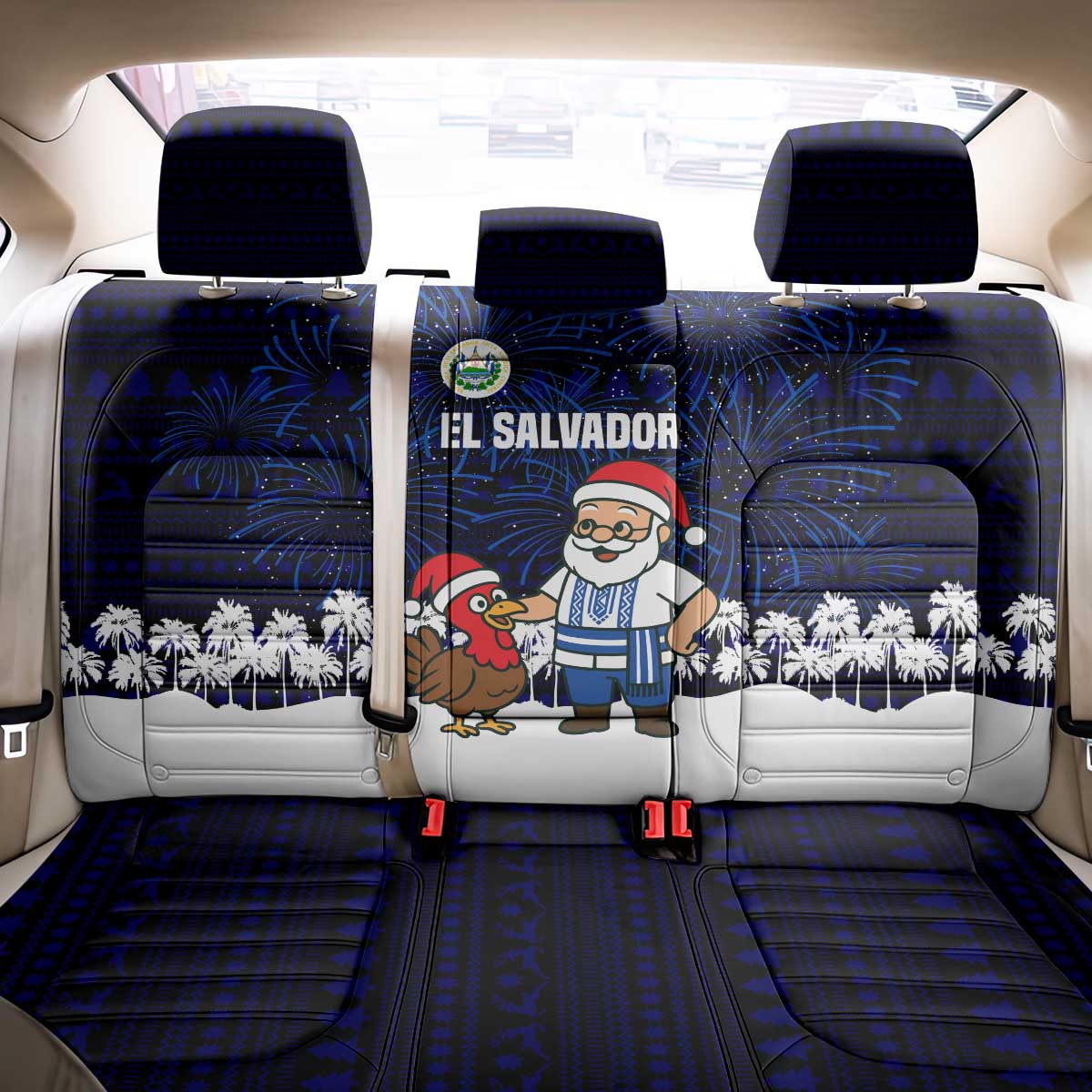 El Salvador Christmas Back Car Seat Cover with Santa Claus Turkey Fireworks Palm Trees and National Emblem Design - Wonder Print Shop