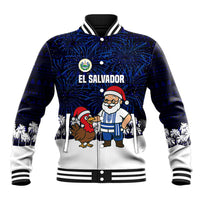 El Salvador Christmas Baseball Jacket with Santa Claus Turkey Fireworks Palm Trees and National Emblem Design - Wonder Print Shop