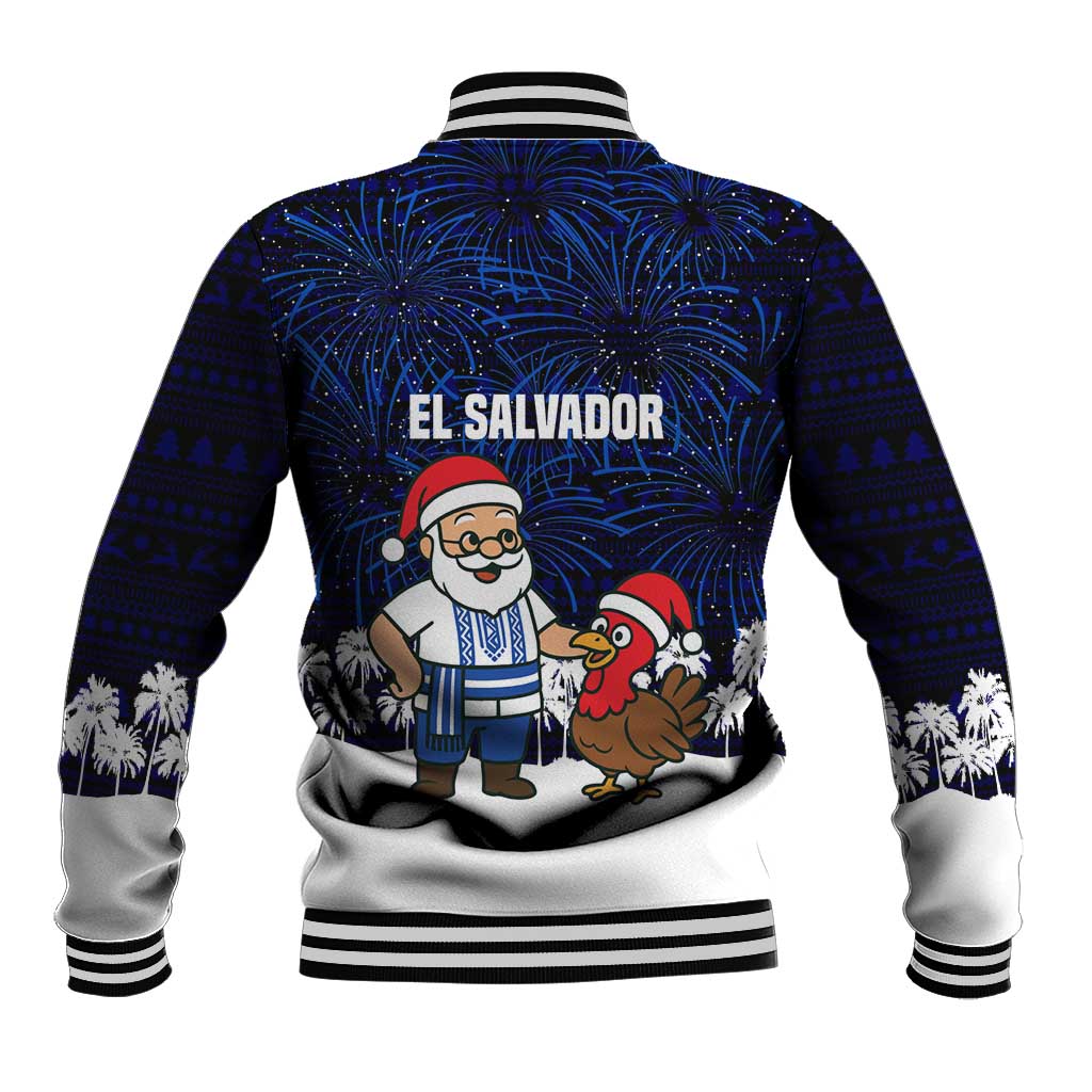 El Salvador Christmas Baseball Jacket with Santa Claus Turkey Fireworks Palm Trees and National Emblem Design - Wonder Print Shop