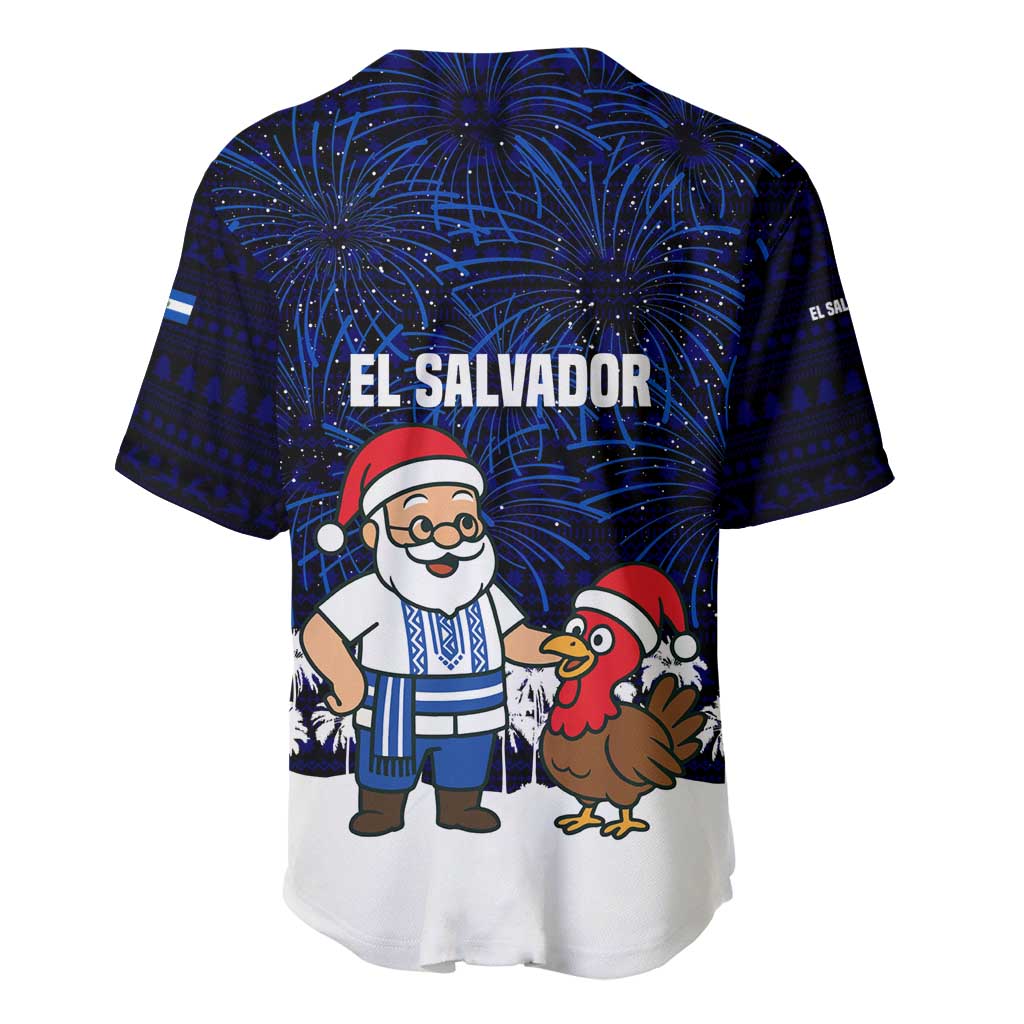El Salvador Christmas Baseball Jersey with Santa Claus Turkey Fireworks Palm Trees and National Emblem Design - Wonder Print Shop