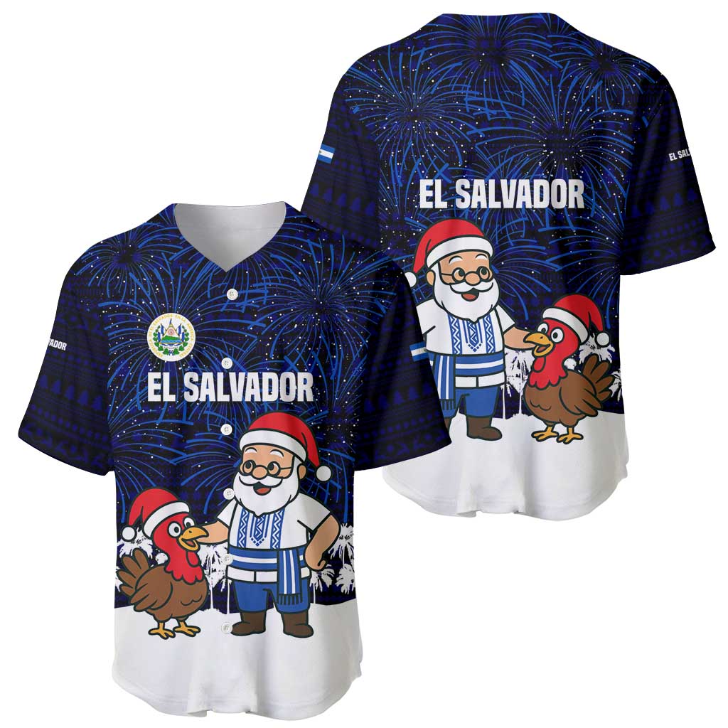 El Salvador Christmas Baseball Jersey with Santa Claus Turkey Fireworks Palm Trees and National Emblem Design - Wonder Print Shop
