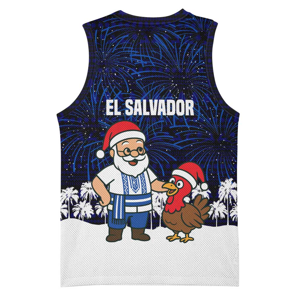 El Salvador Christmas Basketball Jersey with Santa Claus Turkey Fireworks Palm Trees and National Emblem Design - Wonder Print Shop