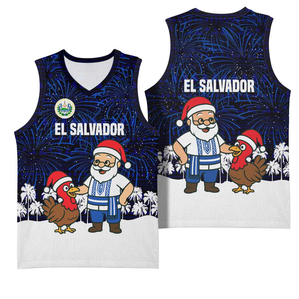 El Salvador Christmas Basketball Jersey with Santa Claus Turkey Fireworks Palm Trees and National Emblem Design - Wonder Print Shop