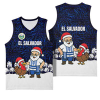 El Salvador Christmas Basketball Jersey with Santa Claus Turkey Fireworks Palm Trees and National Emblem Design - Wonder Print Shop
