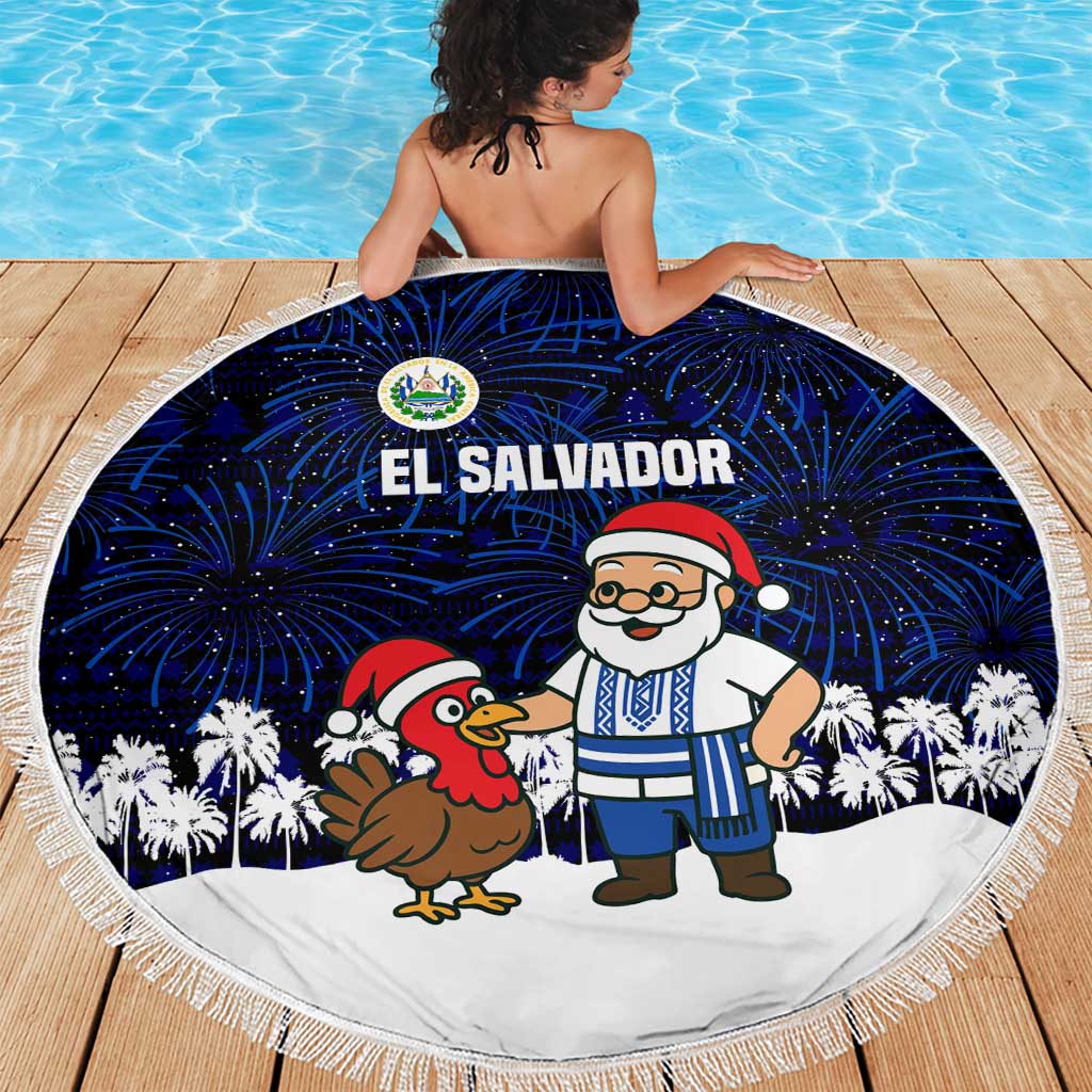 El Salvador Christmas Beach Blanket with Santa Claus Turkey Fireworks Palm Trees and National Emblem Design - Wonder Print Shop