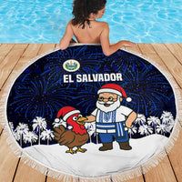 El Salvador Christmas Beach Blanket with Santa Claus Turkey Fireworks Palm Trees and National Emblem Design - Wonder Print Shop