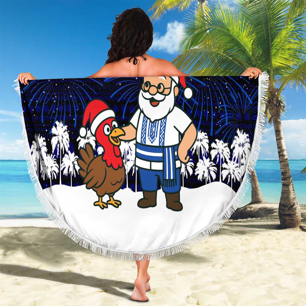El Salvador Christmas Beach Blanket with Santa Claus Turkey Fireworks Palm Trees and National Emblem Design - Wonder Print Shop