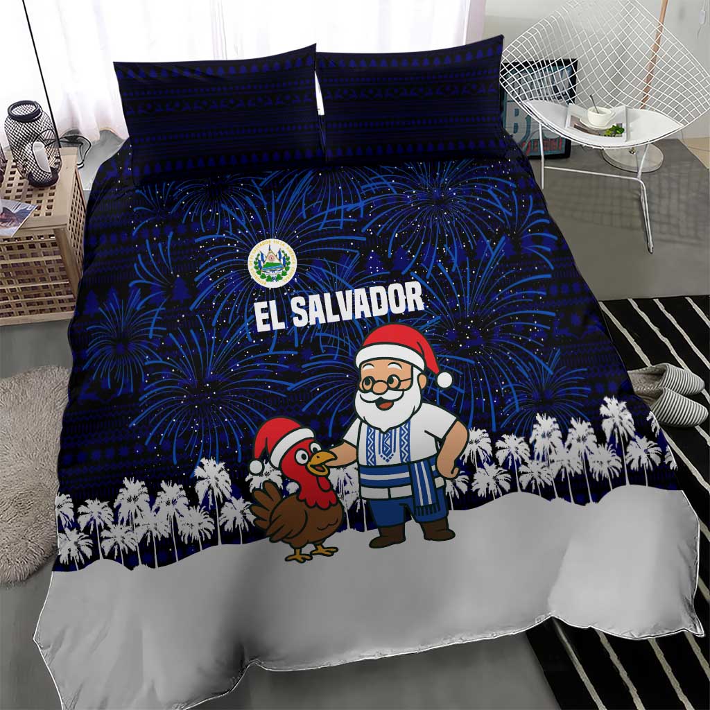 El Salvador Christmas Bedding Set with Santa Claus Turkey Fireworks Palm Trees and National Emblem Design - Wonder Print Shop