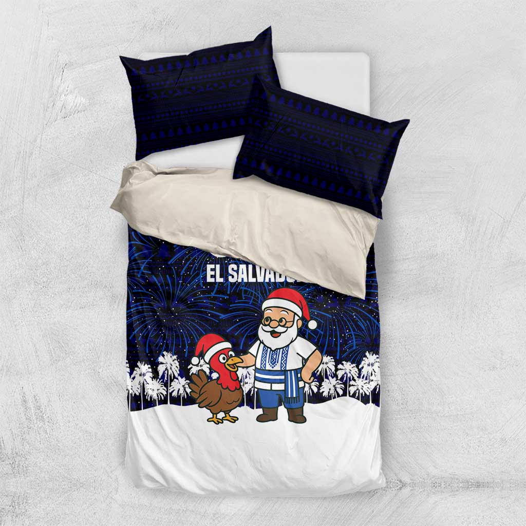 El Salvador Christmas Bedding Set with Santa Claus Turkey Fireworks Palm Trees and National Emblem Design - Wonder Print Shop