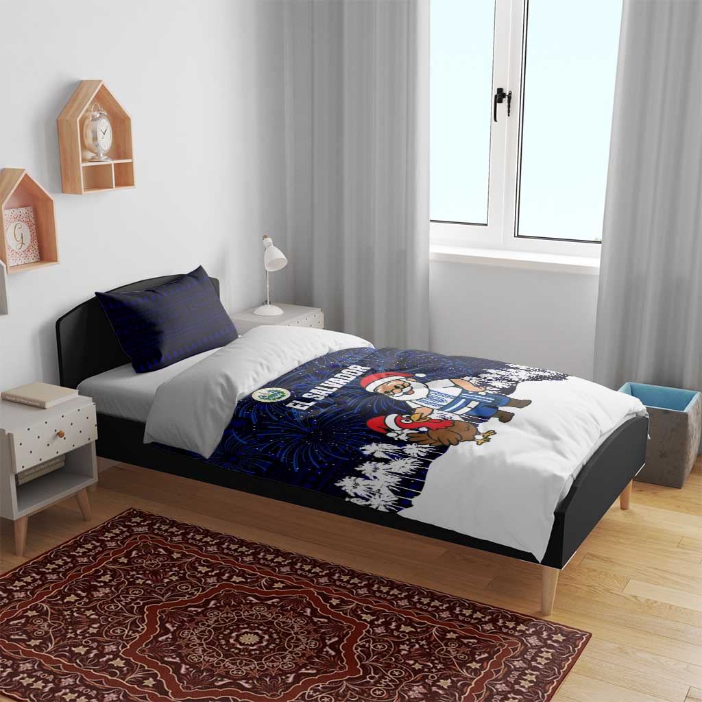 El Salvador Christmas Bedding Set with Santa Claus Turkey Fireworks Palm Trees and National Emblem Design - Wonder Print Shop