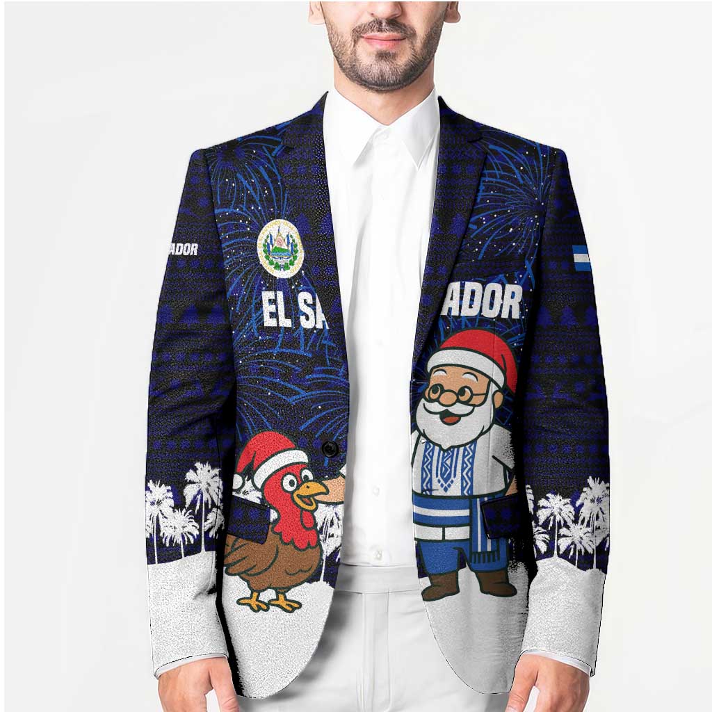 El Salvador Christmas Blazer with Santa Claus Turkey Fireworks Palm Trees and National Emblem Design - Wonder Print Shop