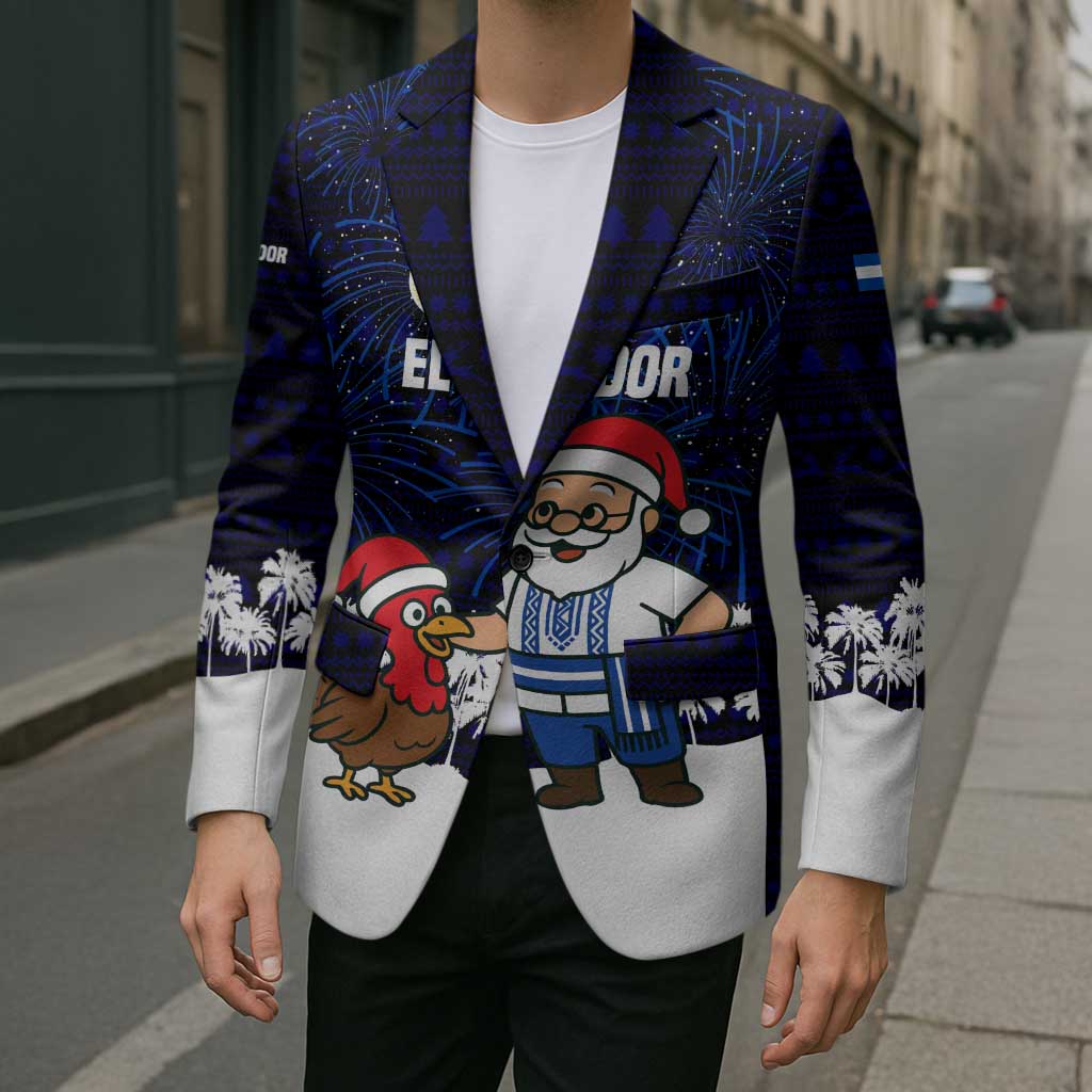 El Salvador Christmas Blazer with Santa Claus Turkey Fireworks Palm Trees and National Emblem Design - Wonder Print Shop