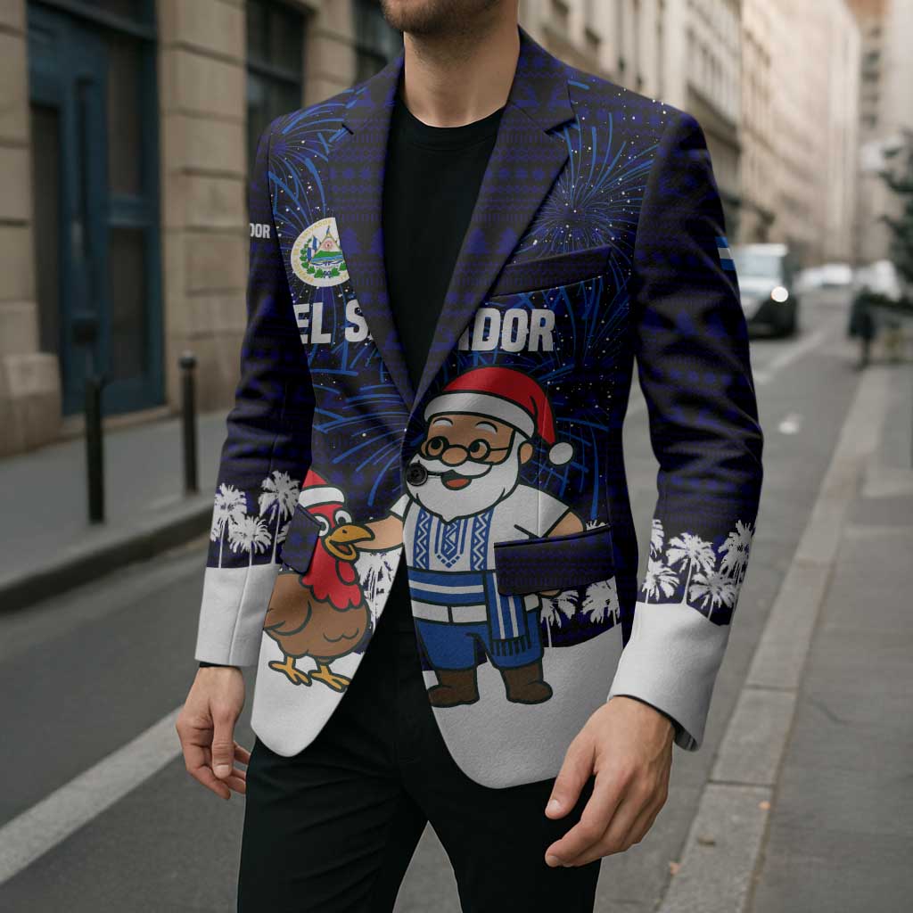 El Salvador Christmas Blazer with Santa Claus Turkey Fireworks Palm Trees and National Emblem Design - Wonder Print Shop