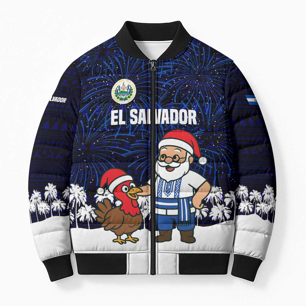 El Salvador Christmas Bomber Puffer Jacket with Santa Claus Turkey Fireworks Palm Trees and National Emblem Design - Wonder Print Shop