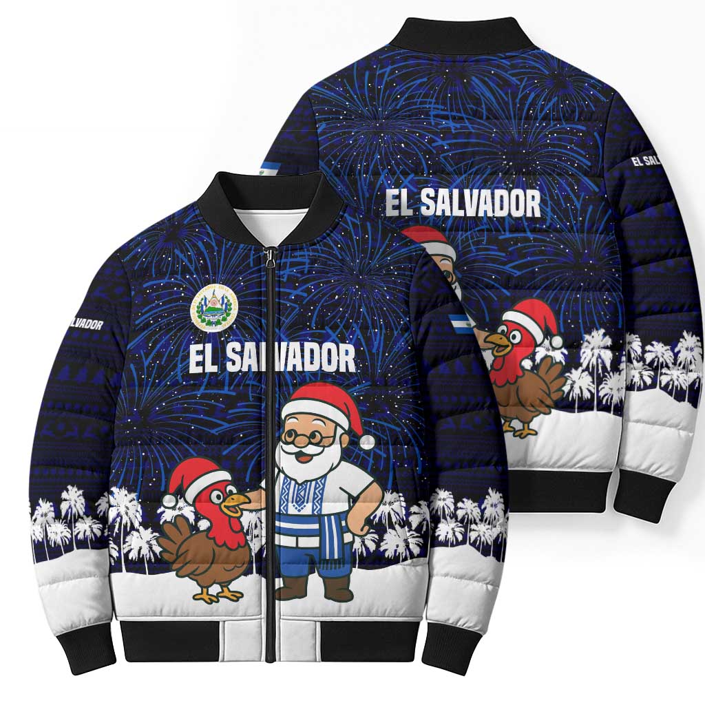 El Salvador Christmas Bomber Puffer Jacket with Santa Claus Turkey Fireworks Palm Trees and National Emblem Design - Wonder Print Shop