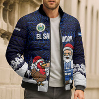El Salvador Christmas Bomber Puffer Jacket with Santa Claus Turkey Fireworks Palm Trees and National Emblem Design - Wonder Print Shop