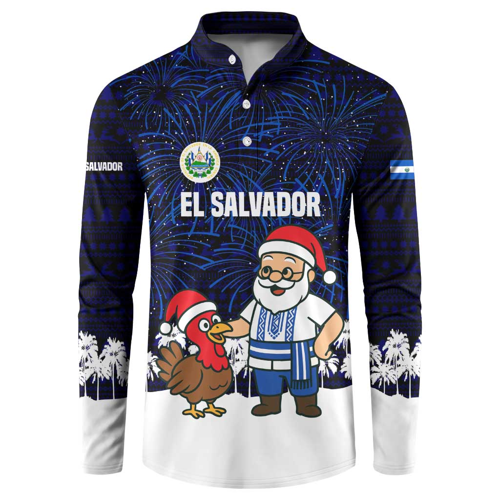 El Salvador Christmas Button Sweatshirt with Santa Claus Turkey Fireworks Palm Trees and National Emblem Design - Wonder Print Shop