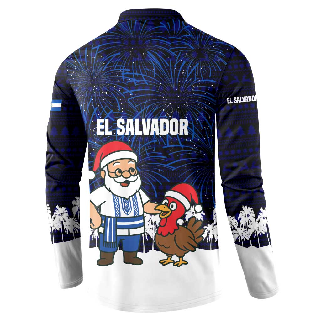 El Salvador Christmas Button Sweatshirt with Santa Claus Turkey Fireworks Palm Trees and National Emblem Design - Wonder Print Shop