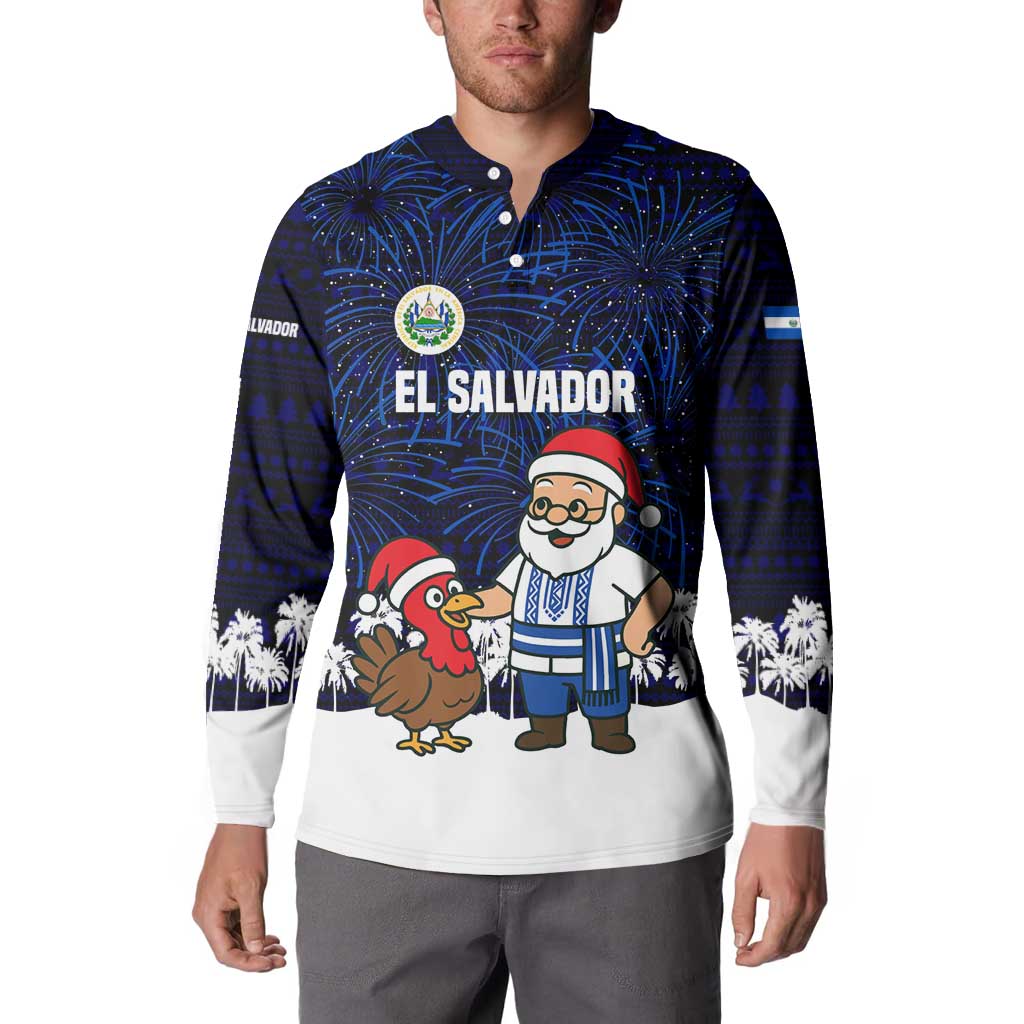 El Salvador Christmas Button Sweatshirt with Santa Claus Turkey Fireworks Palm Trees and National Emblem Design - Wonder Print Shop