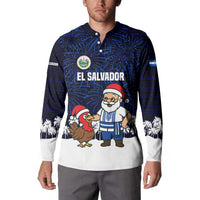 El Salvador Christmas Button Sweatshirt with Santa Claus Turkey Fireworks Palm Trees and National Emblem Design - Wonder Print Shop