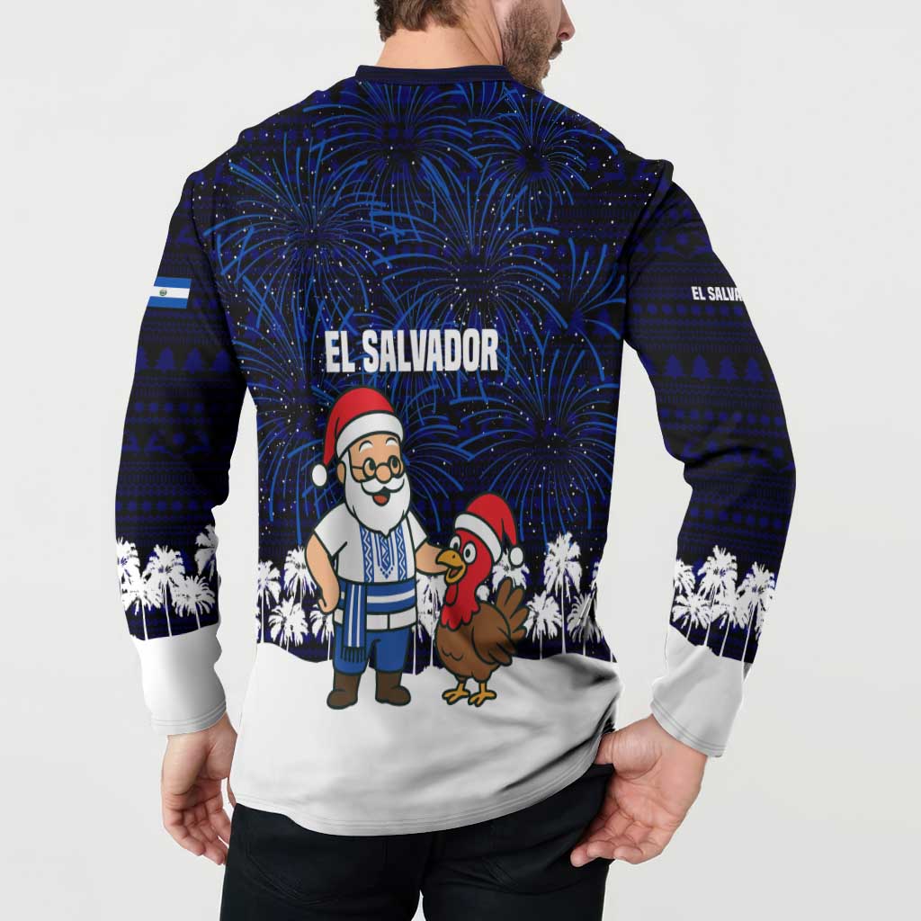 El Salvador Christmas Button Sweatshirt with Santa Claus Turkey Fireworks Palm Trees and National Emblem Design - Wonder Print Shop