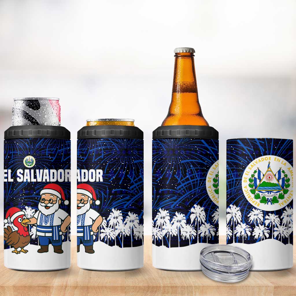 El Salvador Christmas 4 in 1 Can Cooler Tumbler with Santa Claus Turkey Fireworks Palm Trees and National Emblem Design - Wonder Print Shop