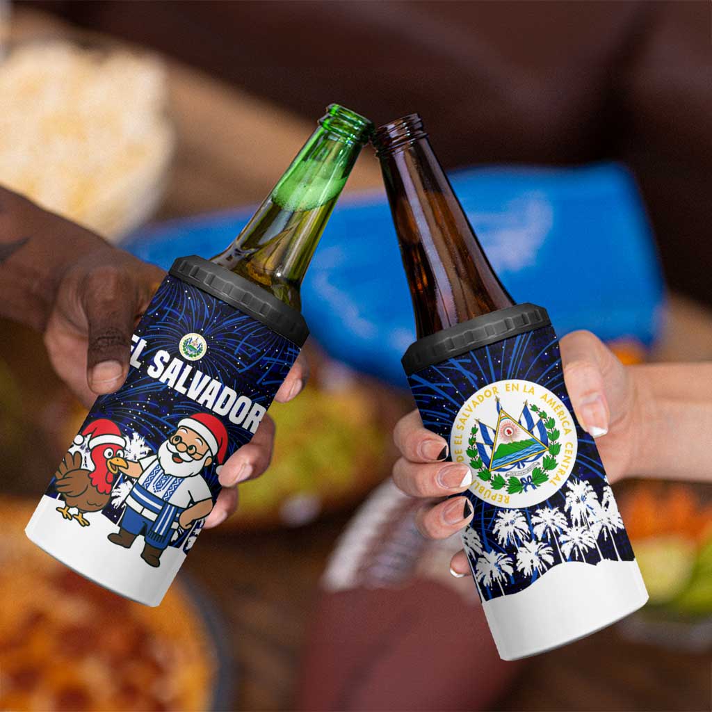 El Salvador Christmas 4 in 1 Can Cooler Tumbler with Santa Claus Turkey Fireworks Palm Trees and National Emblem Design - Wonder Print Shop