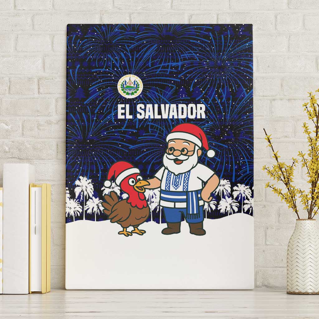 El Salvador Christmas Canvas Wall Art with Santa Claus Turkey Fireworks Palm Trees and National Emblem Design - Wonder Print Shop