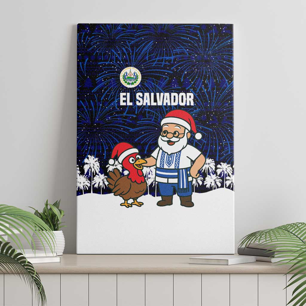 El Salvador Christmas Canvas Wall Art with Santa Claus Turkey Fireworks Palm Trees and National Emblem Design - Wonder Print Shop