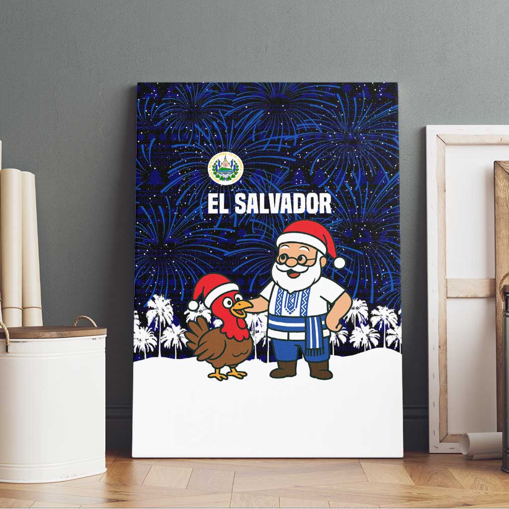 El Salvador Christmas Canvas Wall Art with Santa Claus Turkey Fireworks Palm Trees and National Emblem Design - Wonder Print Shop