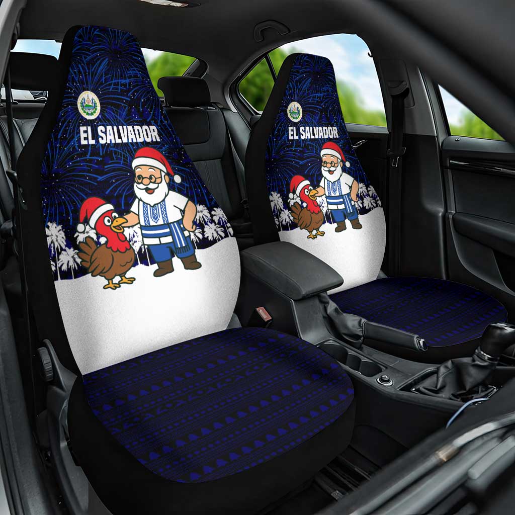 El Salvador Christmas Car Seat Cover with Santa Claus Turkey Fireworks Palm Trees and National Emblem Design - Wonder Print Shop