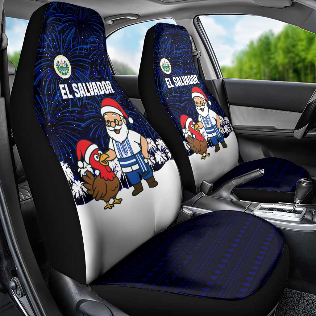 El Salvador Christmas Car Seat Cover with Santa Claus Turkey Fireworks Palm Trees and National Emblem Design - Wonder Print Shop