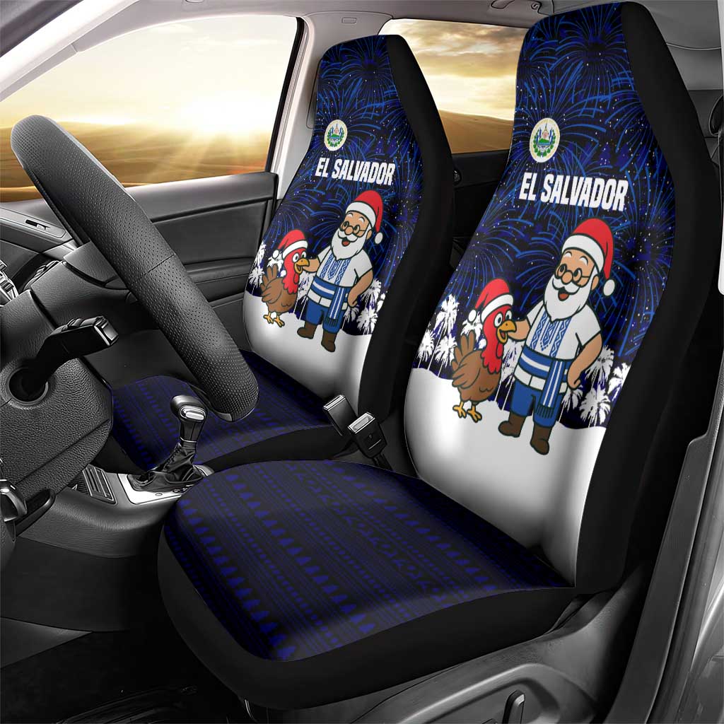 El Salvador Christmas Car Seat Cover with Santa Claus Turkey Fireworks Palm Trees and National Emblem Design - Wonder Print Shop