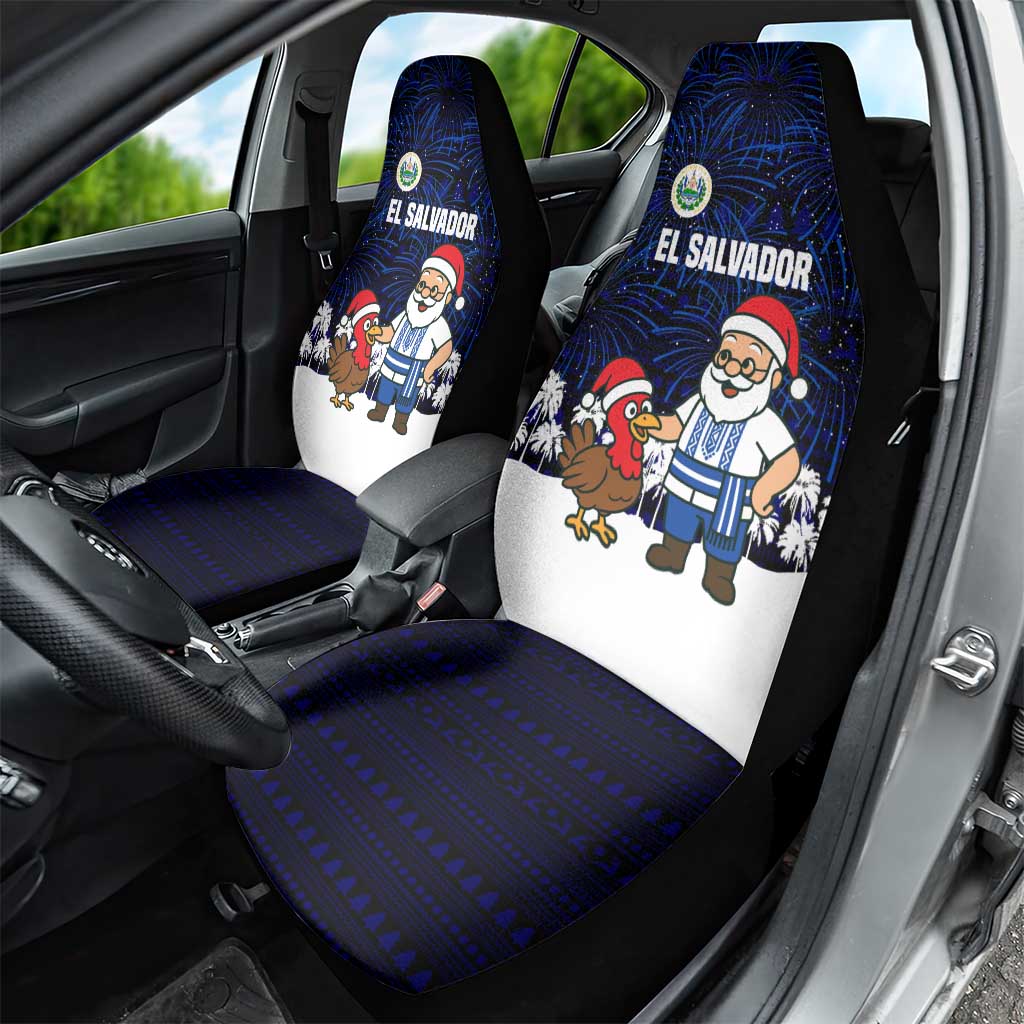 El Salvador Christmas Car Seat Cover with Santa Claus Turkey Fireworks Palm Trees and National Emblem Design - Wonder Print Shop